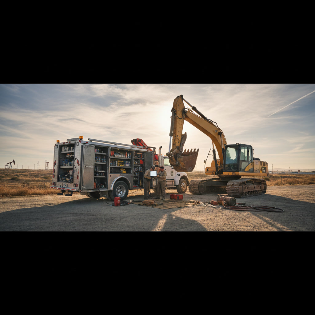 Mobile equipment repair technician servicing a boom lift on a Southern California job site