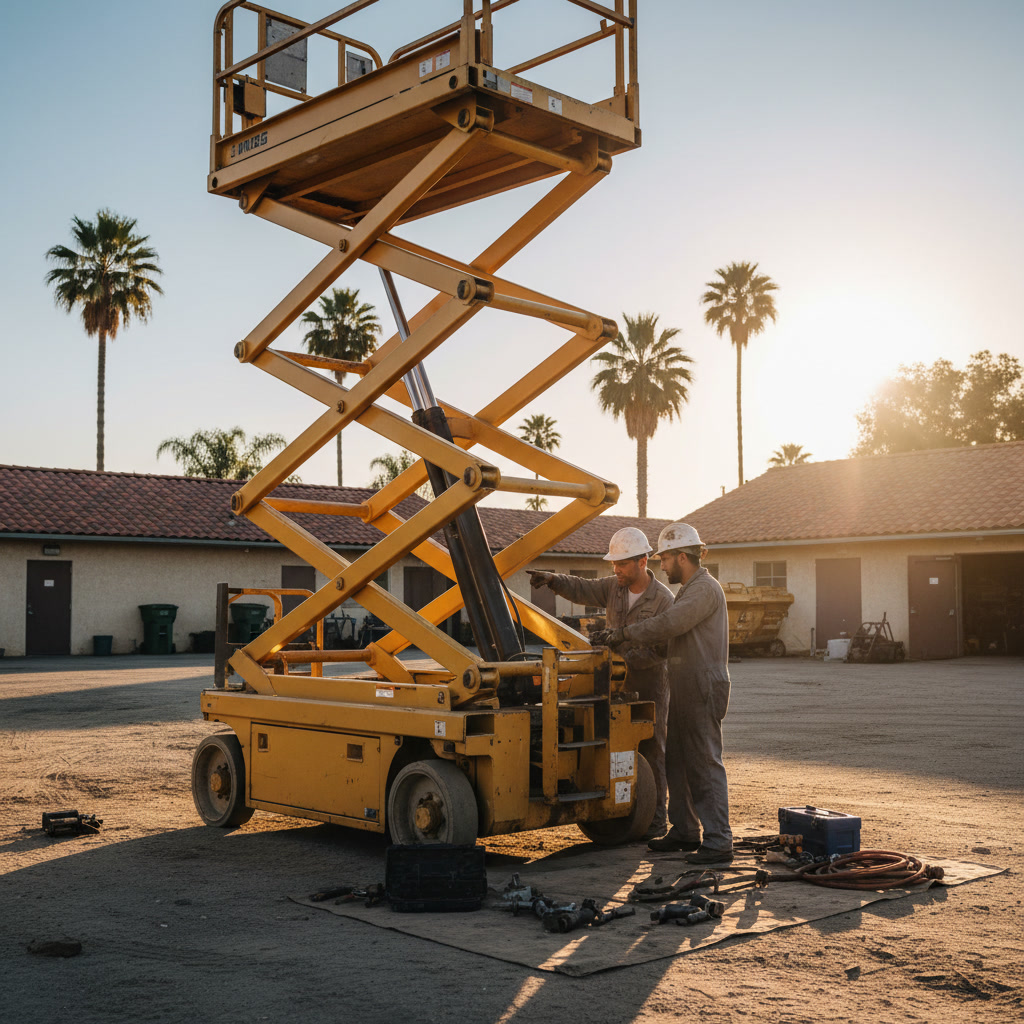 Mobile technician diagnosing scissor lift repair issues on job site in Southern California