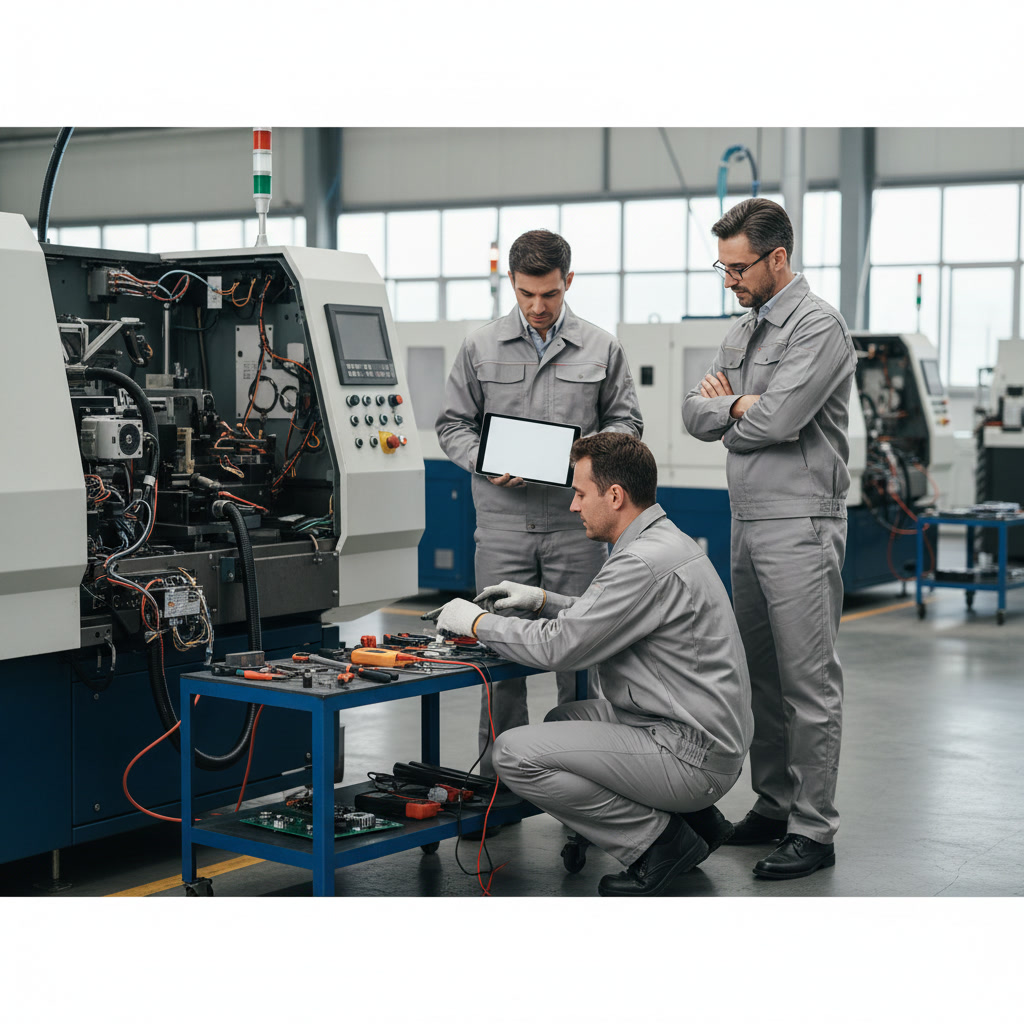 Mobile service van with equipment repair tools and parts at warehouse location