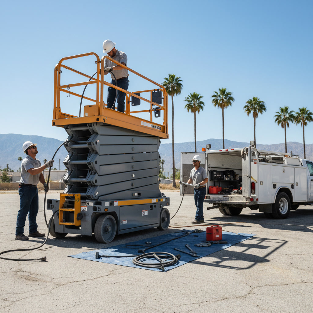 Mobile scissor lift repair technician servicing aerial equipment at Southern California job site