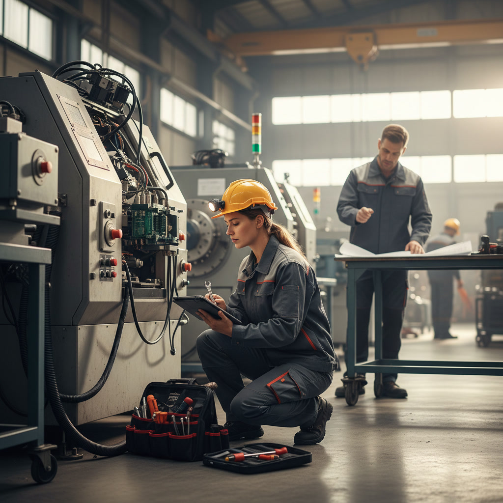 Professional technician inspecting industrial equipment during on site repair visit