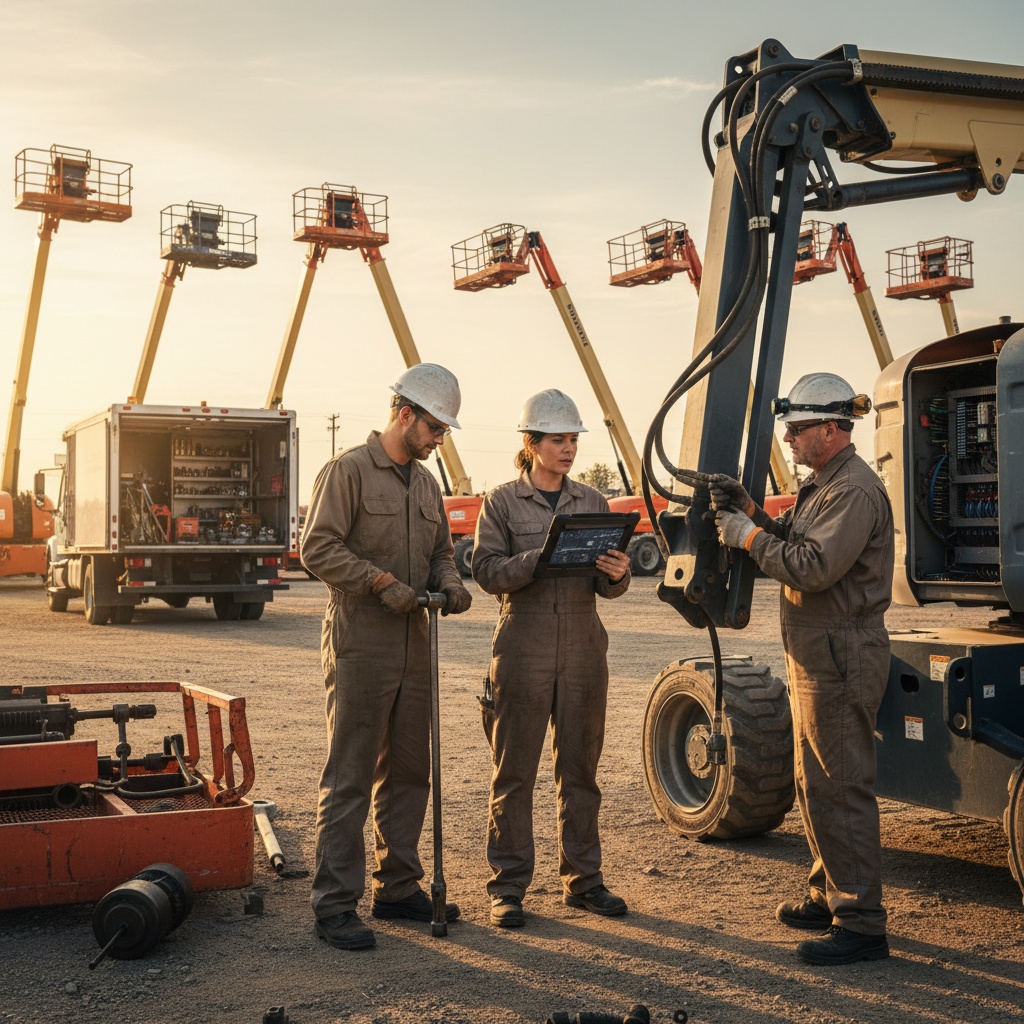 boom lift being serviced by field technician on construction site