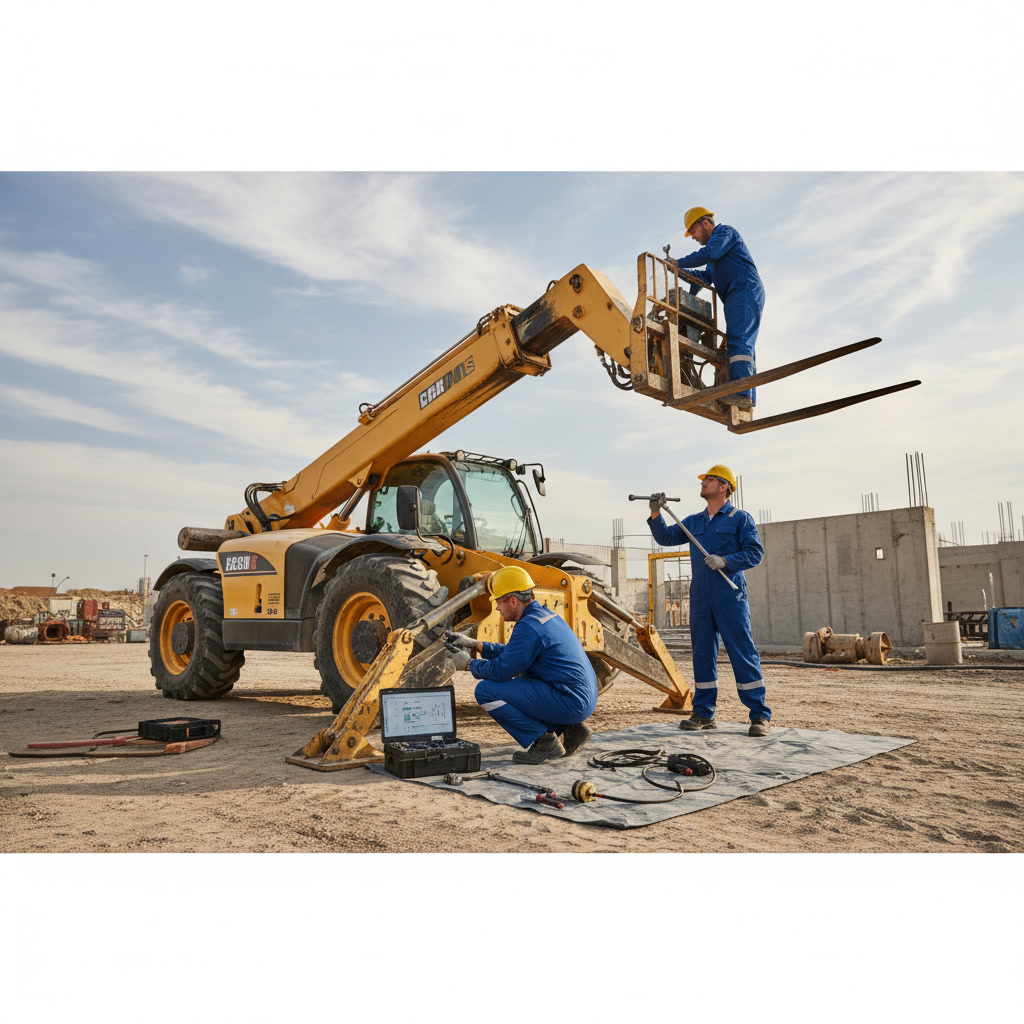 Professional technician conducting annual telehandler safety inspection
