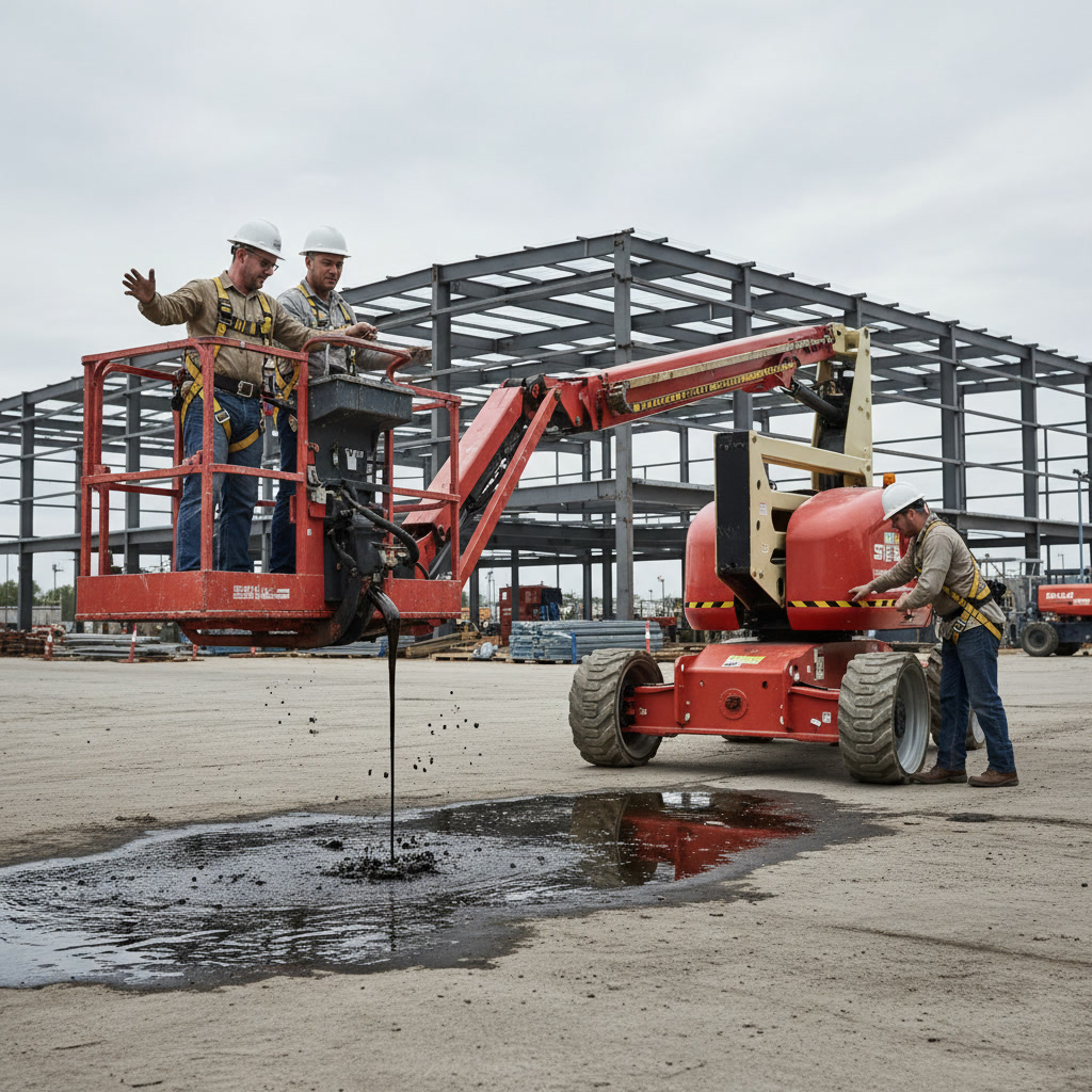 Man lift platform with hydraulic cylinders visible during service