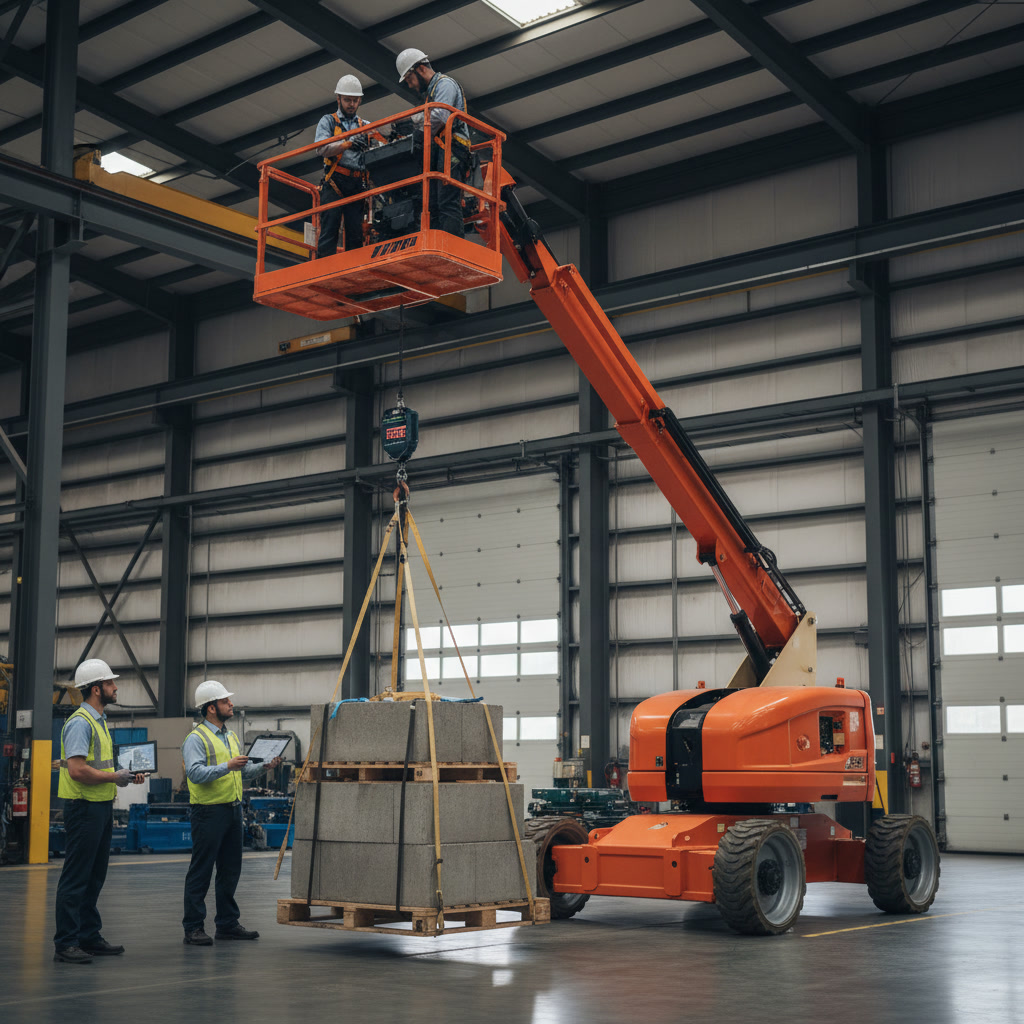 Technician performing safety inspection on man lift controls and hydraulic system