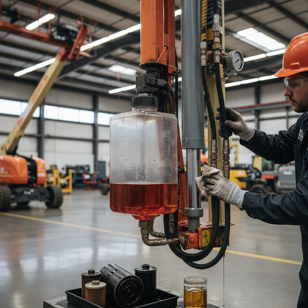 Technician inspecting hydraulic components on man lift equipment
