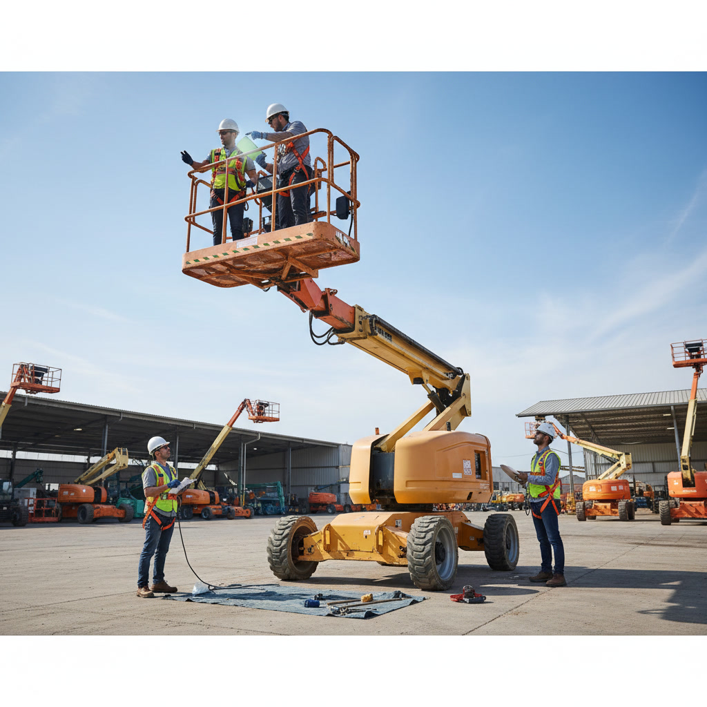 Certified technician inspecting man lift equipment during annual safety certification
