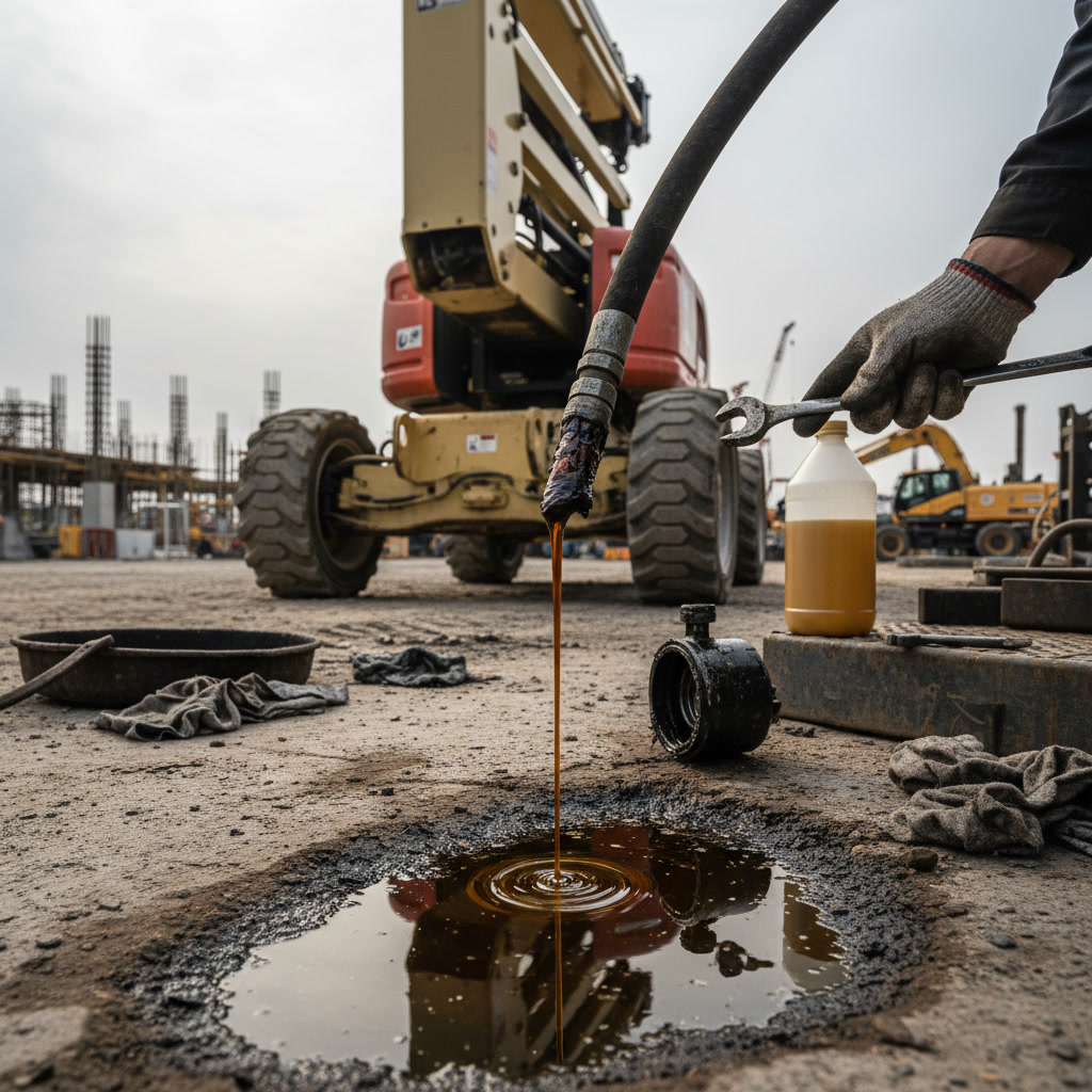 Man lift hydraulic cylinder and fluid system close-up view